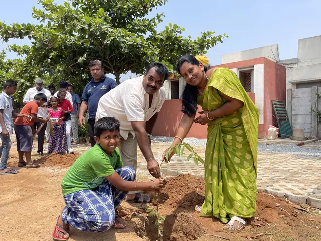 A man and a woman plant a sapling with a boy kneeling in freshly dug red earth, village houses behind