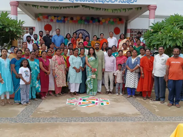 A community group in front of the decorated school entrance, foliage at both edges